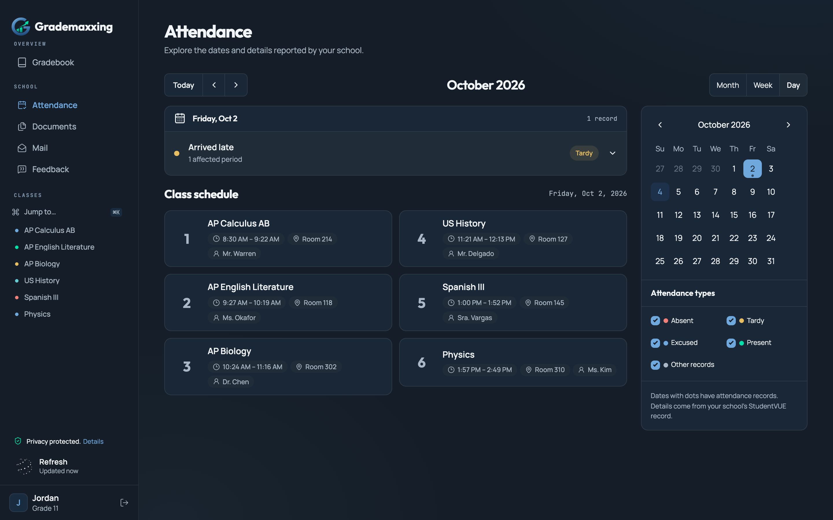 Sample attendance calendar and records