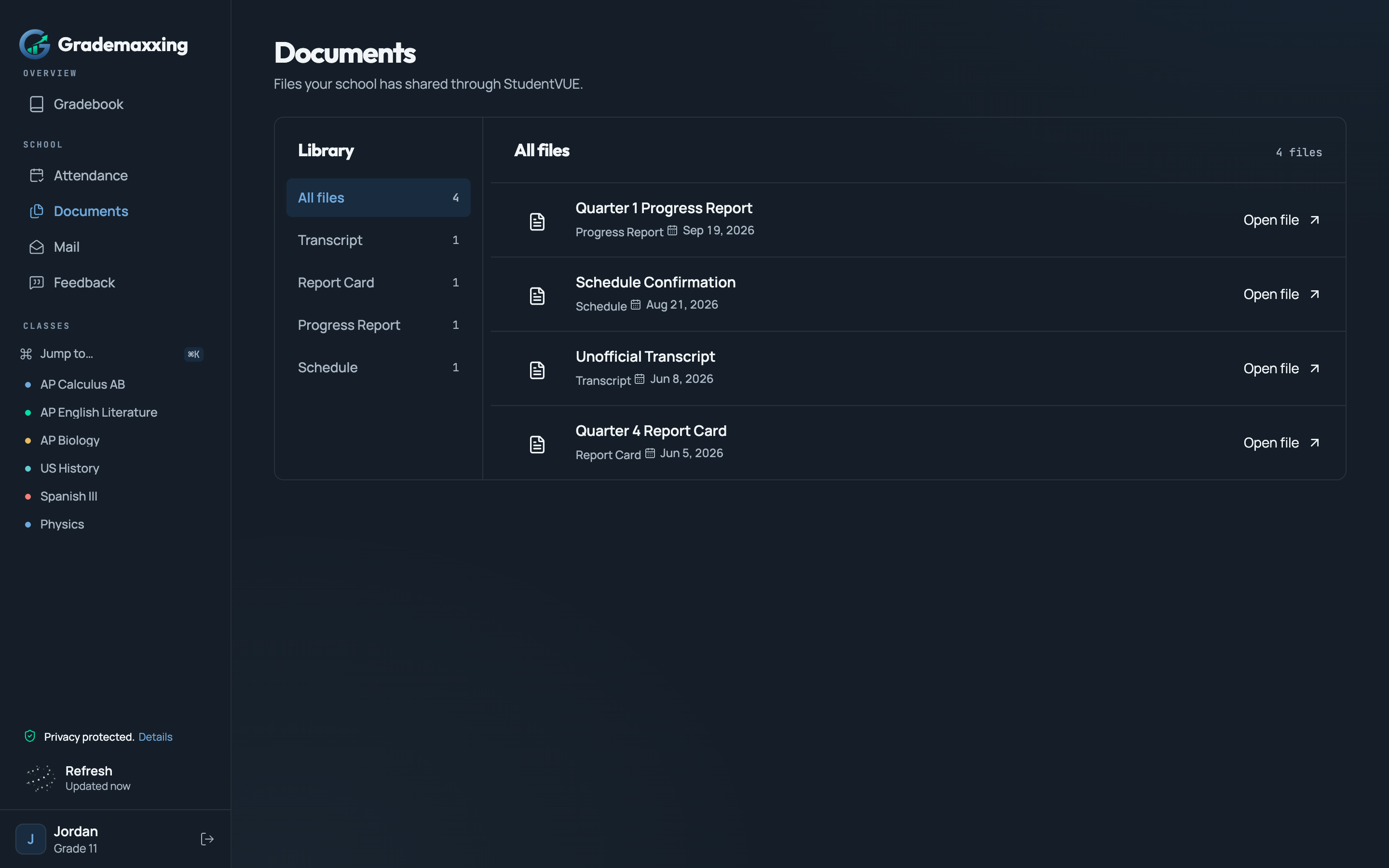Sample document library with report cards and transcripts
