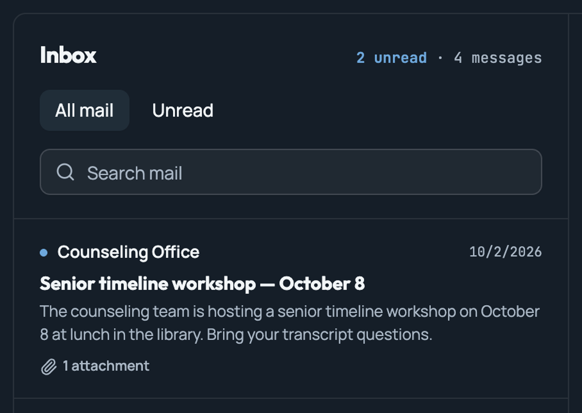 A sample inbox with school messages and an attachment